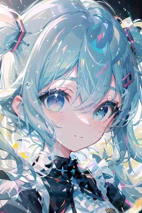 vvi\(artstyle\), vvi\(face\),vvi\(eyes\),vvi\(oa\), masterpiece, best quality, <lora:ainoku_HatsuneMiku:1> <lora:E79CBCE79D9BE58F8C.YAMT:0.5> <lora:Vivid_Impactful_Style_4g:0.2>, eyeball, face shot, portrait, blush, 1 girl, multicolor_hair, looking_at_viewer, masterpiece, best quality, (colorful:1.2), open smile, heterochromia, (water, splash:0.6), (closed mouth, blinking, light smile:1.2), idol, (white dress, black eyebrow:2), hairclip, low detail, (twintails:1.3),