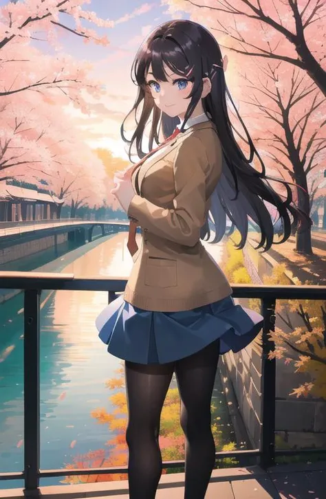masterpiece, high quality, best quality, high resolution, 4k, high definition, beautiful lighting,highly detailed face, (((well-drawn hands))), well drawn legs,well drawn feet, well-drawn eyes,well drawn fingers,1girl, mai, black hair, long hair, pink rabbit hair clip, blue eyes, brown blazer , brown sweater, red necktie, blue skirt, black pantyhose,hands behind back, sakura season, sakura tress in back ground, autumn season mix,lake side background, on a bridge, ambient lighting, evening, ,standing , from side, looking at the scenery, smiling,<lora:sakurajima_mai-04:1>