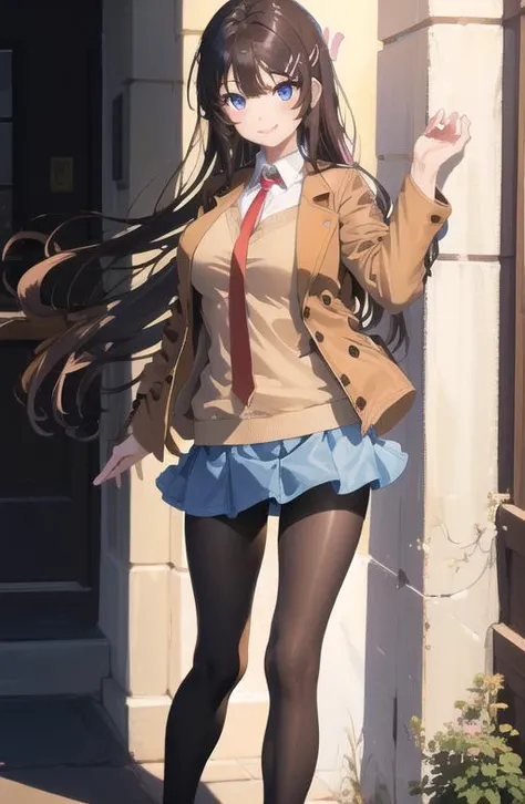 masterpiece, high quality, best quality, high resolution, 4k, high definition, beautiful lighting,highly detailed face, well drawn hands, well drawn legs,well drawn feet,well drawn eyes, 1girl, mai, black hair, long hair, blue eyes, hair ornament, pink bunny hair clips, (((brown jacket))), white shirt, red necktie, blue skirt, black pantyhose, (((standing))), smiling,brown sweater, big breasts, big ass,  <lora:sakurajima_mai-04:0.8>