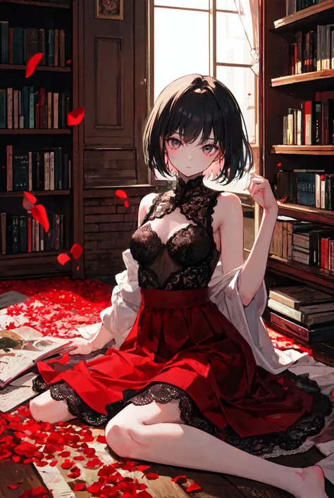 1girl, solo, indoors, sitting, bookshelf, short hair, flowing lace, surreal, intricate light, flying red petals
