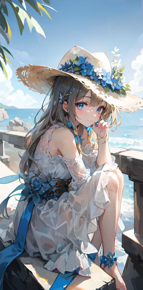 1girl, outdoors, solo, flower, blue eyes, long hair, looking at viewer, long dress,hat, ocean, dress, sitting, white flower, sky, bug, hat flower, day, bangs, butterfly, water, long sleeves, blue sky, rock, cloud, orange dress, blonde hair, horizon, orange headwear, hair ornament, closed mouth, smile, hair flower, short sleeves, looking to the side, bird, scenery, mountainous horizon, red headwear, white dress