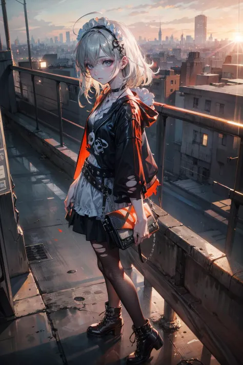 Ultra-realistic 8k CG,masterpiece,best quality,(photorealistic:1.4),HDR,absurdres,Professional,RAW photo,lens flare,(film grain:1.1),Bokeh,((Depth of field)),raytracing,POV,rembrandt lighting,black and white hair,smoky black eye makeup,eyeliner,expressionless,decadent,messy hair,punk-gothic,standing,arms crossed,maid headdress,Maid outfit,(tangled hair:1.2),fishnet stockings,(torn leggings:1.1),(ripped t-shirt:1.3),(studded belt:1.2),sexy,(black boots:1.1),(necklace with skull pendant:1.2),on a pedestrian bridge,city skyline at sunset,standing on a overpass,city background at sunset,(emo style:1.2),(alternative fashion:1.3),(from above:1.1),Professional,aerial view,close-up view,<lora:光影:0.2>,<lora:add_detail:0.8>,<lora:neg_bdsqlsz_V2:1.1>,<lora:style 1:0.4>,