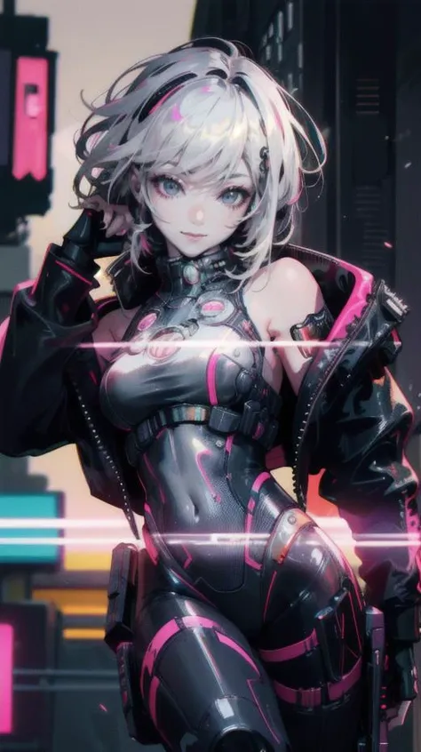 (Best quality:1.1),((masterpiece)),masterpiece,ultra high res,1girl,(photorealistic:1.4),raw photo,solo,(cyberpunk:1.5),bare shoulders,black eyes,looking at viewer,smile,jacket,solo,turtleneck leotard,full body,(neon trim:1.2),street,white hair,8k uhd,dslr,soft lighting,high quality,film grain,photorealistic,dark studio,rim lighting,two tone lighting,(high detailed skin:1.2),volumetric lighting,candid,Photograph,high resolution,8k,Bokeh,mecha musume,<lora:AMechaSSS[color_theme,mecha musume, mechanical parts,robot joints,headgear]:1>,