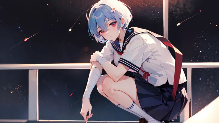 best quality,masterpiece,dramatic lighting,1girl,ayanami rei,skirt,(cetus.orion),solo,blue hair,black socks,flower,short hair,school uniform,red ribbon,hair ornament,socks,ribbon,red eyes,shirt,blue skirt,short sleeves,squatting,neck ribbon,white shirt,serafuku,kneehighs,sailor collar,bandages,pleated skirt,hair between eyes,white flower,bangs,sky,closed mouth,tokyo-3 middle school uniform,space,star (sky),(solo:1.5),<hypernet:Cornflower_Mirage:0.3>,