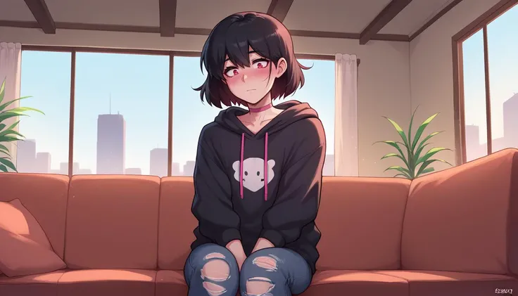 zPDXL,skindetailpxl,hairdetailpxl,anime artwork score_9,score_8_up,score_7_up,2d,<lora:dross_style_ponyXL_v1_resized:1>,drosstyle,<lora:anime-detailer-xl:1.5>,<lora:Expressive_H-000001:1>,Expressiveh,(source_anime),raytracing,rating_questionable,rating_safe,
solo,1femboy,(androgynous:1.2),mature male,
indoors,living room, scenery, window, cityscape, morning,
torn jeans,black hoodie,loose hoodie,oversized clothes,oversized hoodie,pink choker,
absurdres,bright red eyes,medium hair,black hair,sidelocks,pale skin,
cowboy shot,looking at viewer,cute,attractive,
eye contact,sitting,on couch,blush, nervous, fidgeting, hands on lap, looking down,
. anime style,vibrant,studio anime,highly detailed,