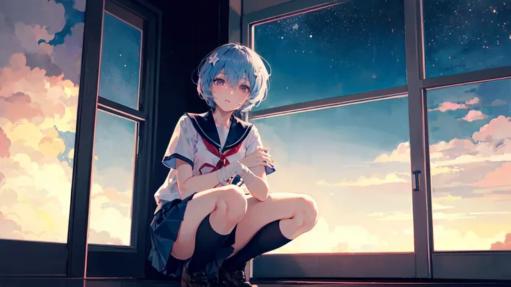 best quality,masterpiece,dramatic lighting,1girl,ayanami rei,skirt,solo,blue hair,black socks,flower,short hair,school uniform,red ribbon,hair ornament,socks,ribbon,red eyes,shirt,blue skirt,short sleeves,squatting,neck ribbon,white shirt,serafuku,kneehighs,sailor collar,bandages,pleated skirt,hair between eyes,white flower,bangs,sky,closed mouth,tokyo-3 middle school uniform,space,star (sky),(solo:1.5),