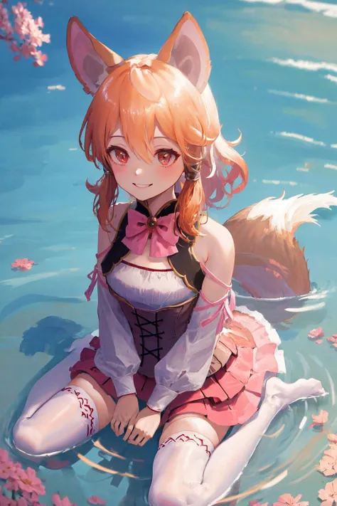 masterpiece, best quality, highres, 1girl latifa, fox tail, pink bowtie detached sleeves corset layered skirt white thighhighs <lora:latifa:1> sitting, wariza, wading, smile, looking up, from above