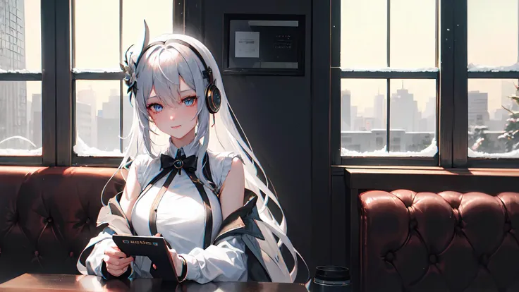 (masterpiece), (best quality), (wallpaper), (8k hd),1girl, solo focus, tall female, white hair, very long hair, silvery eyes, large breasts, wide hips, sharp face, jewel-like eyes, braid hair ornament, hair over one eye, (hair ornament),tassel earpiece, <lora:shenheLoraCollection_shenheMedium:0.5>serious, tired, wearing long grey coat, black blazer, black legwear, stylish sneakers, accessories, smartwatch, flower hair ornament, cute smile, sitting, cafe, coffee shop ambience, coffee shop aesthetic, snow on window, dawn, window view, massive cityscape, beautiful view, dim-lit ambience, holding coffee, {correct posing}, {detailed clothing}, {detailed body}, {correct body anatomy}, {extremely beautiful and delicate anime face and eyes}, {minute details}, {intricate details}, {delicate},
