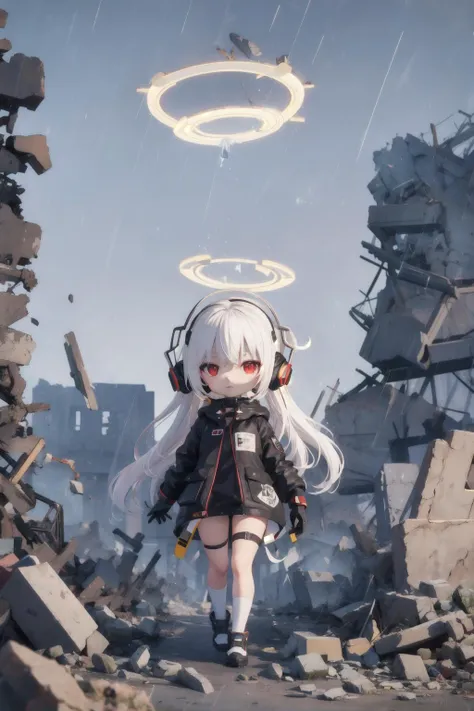 <lora:blindbox_V1Mix:1> full body, chibi,masterpiece, best quality, 1girl, red eyes, white hair, mechanical legs, raincoat, black gloves, black coat, raining, sky, ruins, rifle, headset, rubble, android, long hair, halo,