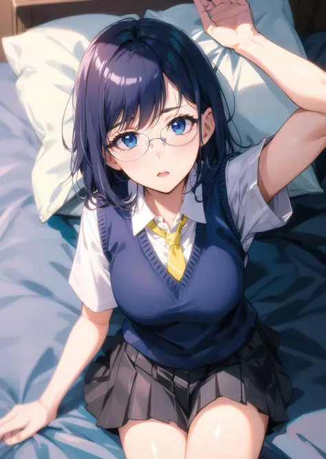 masterpiece, best quality, ultra detailed, illustration,  <lora:KonoriMii:1>,  dark blue hair, blue eyes,  round glasses,  dark blue sweater vest, yellow necktie, dress shirt, pleated skirt, short sleeves, blushing, embarrassed, dramatic shadows, cinematic lighting, looking up, lying, bed sheets, pillow,