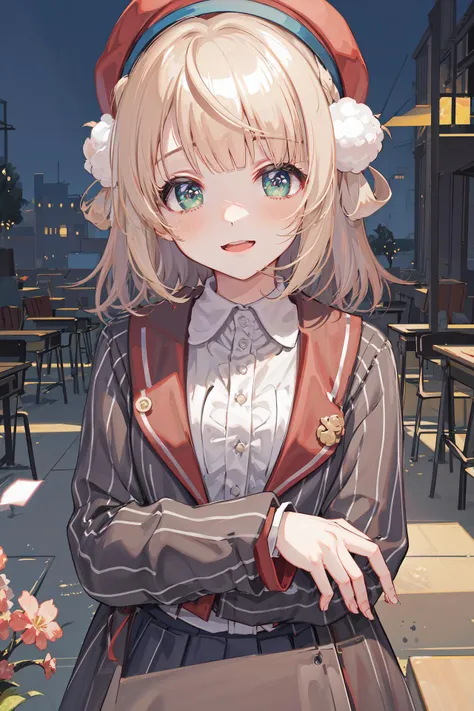 (masterpiece, best quality, highres, absurdres, best illumination, illustration, bright pupils, finely detailed beautiful eyes, disheveled hair), lighting on face, shiny_face, best_lighting, front_lighting, wide_angle, wide shot, modern_furniture, ((colorful theme)), dutch angle, arms down, city, cherry blossoms,
<lora:shigure_ui:0.7>, shigure ui \(vtuber\), pom_pom_hair_rings, upper body, smile, striped_school_uniform, red_beret, beret, collared_shirt,