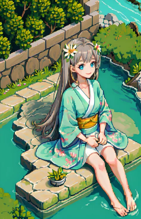 (masterpiece, best quality:1.2), (best quality, masterpiece),Little girl, 142 cm, long straight gray hair, trimmed at the ends, white kimono, summer garden, lush foliage, stream, fan, quiet appearance, calm atmosphere, intelligent smile, summer breeze, harmony of nature, cool landscape, stillness and tranquility, adult demeanor, <lora:pixel_f2:0.6>, pixel