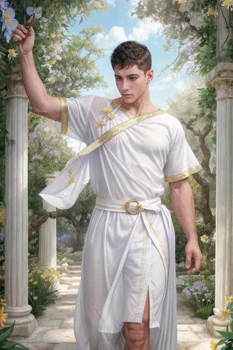contemplative, dynamic angle, surreal, vibrant, saturated, hyperreal lighting , soft dappled light, <lora:sc_jake_sd15_epoch_6:0.8> jkperson jktwinkperson wearing (white tunic shirt), <lora:Clothing - Male Toga_v2:0.45>, wearing menstoga, wearing white and gold chiffon robes, gold belt, posing in ancient Grecian grove, flowers, bushes, [lavender|poppies|chamomile]