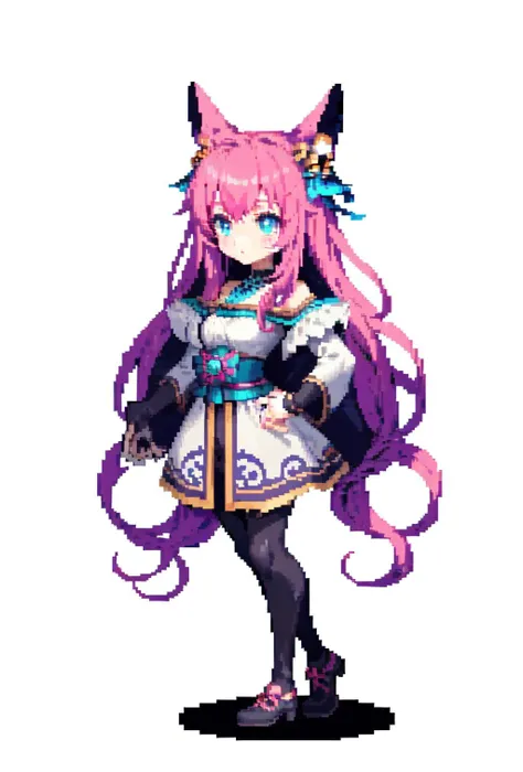 full body,, <lora:[Style] Pixel Art:0.5>, pixel, pixel art, simple background, white background, <lora:[Anime] Ahri Spirit Blossom:1>, 1def, pink hair, long hair,