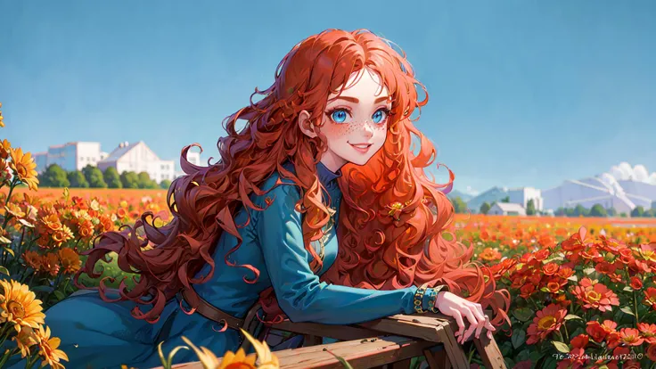 cinematic lighting, perfect lighting, 8k, masterpiece, highres, hires, <lora:CHAR-Meridia:0.6>, MeridaWaifu, blue dress, 1girl, solo, smile, blue eyes, red hair, freckles, outdoors, <lora:STYLE-JWW:0.4>, john william waterhouse, flower fields, solo waifu, exceptional, best aesthetic, new, newest, masterpiece, best quality, golden ratio, looking at viewer, grass,
