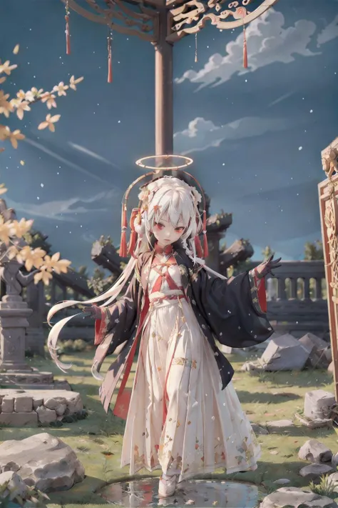 <lora:blindbox_V1Mix:1> full body, chibi,masterpiece, best quality, 1girl, red eyes, white hair, mechanical legs, raincoat, black gloves, black coat, raining, sky, ruins, rifle, headset, rubble, android, long hair, halo, <lora:hanfu_v30:0.7> (hanfu), (ming style)