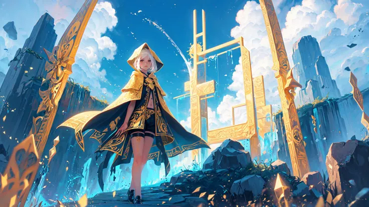 (best quality:1.2), oversized hood, hooded cloak, hood up, (a black cloak decorated with gold, golden ornament:1.2), (white hair), yellow eyes, black_tank_top, black shorts, black shoes, thigh strap, solo, eyelashes, eyeliner, (flat chest:1.2), (lustrous skin, glossy skin), (Gold Embroidery, intricate detail:1.1), (rocky mountain:1.2), rock, (cloud:1.2), (waterfall:1.2), <lora:sakimoriLandscapeStyle_v10:1>