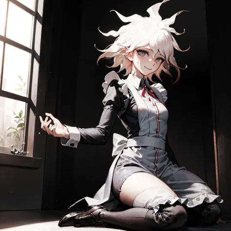 komaeda_nagito, 1girl, masterpiece, best quality, (slim), small breasts, sweating, ((maid uniform)), lace, smiling, kneeling on the floor, lavish room background, roses, beautiful decorations ,sunlight through windows
