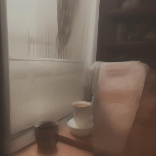 There is a cup of coffee sitting on a table next to a window - SeaArt AI