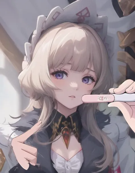 1girl, looking at viewer, (pregnancy test:1.1), (holding:1.25), 1girl, solo, white hair, purple eyes, large breasts, (upper body:1.2), long hair, jacket, two-sided jacket, <lora:DemoSandroneGenshinImpact_v1Demo:1>, <lora:pregnancyTestMeme_v11:1> , portrait,