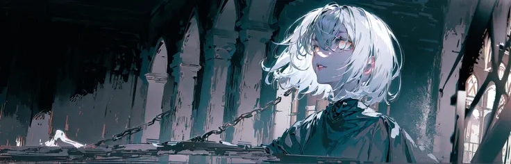 ((masterpiece, ultra-detailed)), rolua, pixiv, best shadows, best lighting, best quality, long black robe, cinematic atmosphere, ((dark, ominous, night)), very detailed background, chains, skulls, cross, church, 1girl, solo, black background, parted lips, crescent, simple background, looking at viewer, portrait, floating hair, bangs, upper body, white eyes, medium hair, grey hair, grey eyes, shirt, wind, short hair, lips <lora:roluaStyleLora_r:1>