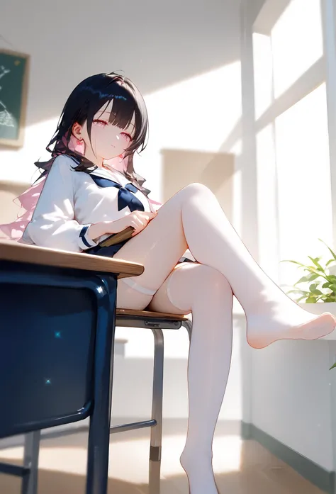 1girl,full body,long black hair,pink eyes,light makeup,thin lips,C-cup,mature figure,white shirt,black pleated skirt,sitting on desk,hands on desk,looking down,foot focus,from below,seductive smile,(hair accessories:0.7),(earrings:0.7),<lora:zxstyle06:0.7>,floating feet,crossed_legs,white thighhighs,barefoot,classroom,<lora:alensStyle02:0.7>,, score_9,score_8_up,score_7_up,score_6_up,score_5_up,score_4_up,source_anime,detailed background,(masterpiece:1.2),intricate details,(nsfw:1.2),delicate eyes,, <lora:StS-SDXL-Foreshortening-v2-Iter9-LyCORIS:0.55>,sts-foreshortening-v2,