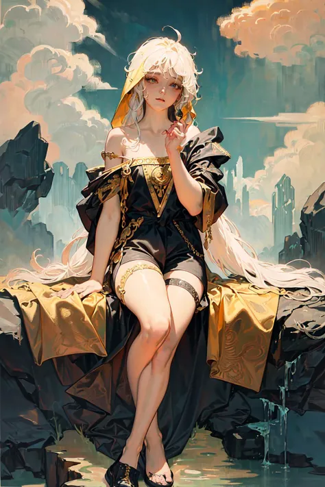 (best quality:1.2), oversized hood, hooded cloak, hood up, (a black cloak decorated with gold, golden ornament:1.2), (white hair), (long hair:1.3), yellow eyes, black_tank_top, black shorts, black shoes, thigh strap, solo, eyelashes, eyeliner, (flat chest:1.2), (glossy skin), (Gold Embroidery, intricate detail:1.1), (rocky mountain:1.2), rock, (cloud:1.2), (waterfall:1.2), <lora:alphonseMucha_v12:0.5>