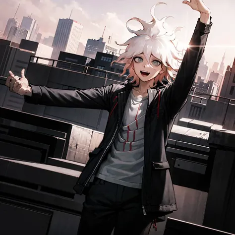 komaeda_nagito, standing on a rooftop, beautiful red sky, sunlight, laughing, dynamic angle, crazed expression, creepy, horror, arms spread, view of cityscape