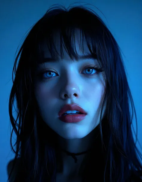 retro cyberpunk (dark mood masterpiece Photography:1.2), portrait of a mysterious woman with blue eyes and bold eyeliner, she has sensuous lips, looking seductively, naughty, shy smirking. The extreme realism focuses on her detailed skin, showing fine textures and natural highlights. photography masterpiece, modern, irresistible beauty, fuzzy lighting, dark mood, unusual composition, use of negative space, (rule of thirds composition), simmetry , mysteriouse, emotional, flirting, (fine erotic content:0.65), groundbreaking unrivaled opus with unrivaled details, (Malibu Blue color scheme), highly detailed, melancholic, low-light hyper detailed photography, catchlights, extreme close-up shot,Chiaroscuro . 80's inspired, synthwave, neon, vibrant, detailed, retro futurism<lora:flux\Flux__Semi-realistic_art_style-000004.safetensors:0.45:0.45> <lora:flux\detailed_skin_portraits-000005.safetensors:0.15:0.15> <lora:flux\flux_realism_lora.safetensors:0.45:0.45> <lora:flux\flux_Pro-skin.safetensors:0.2:0.2>