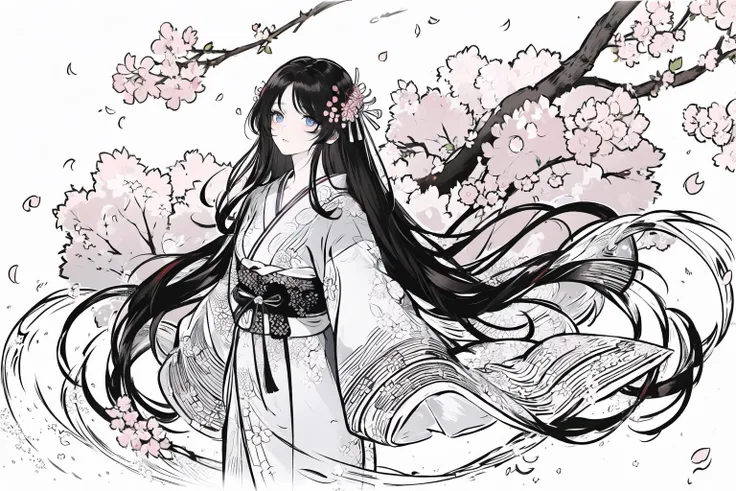 ((masterpiece,best quality)), (finely detailed beautiful eyes: 1.2), masterpiece*portrait, detailed face , blue eyes, lustrous skin,(black hair, very longhair,red inner hair),(1girl),outline, soaked,yukata,black stocking,dynamic angle ,Cherry blossoms, <lora:animeLineartMangaLike_v30MangaLike:0.2>,cinematic angle ,fullbody, standing, white background