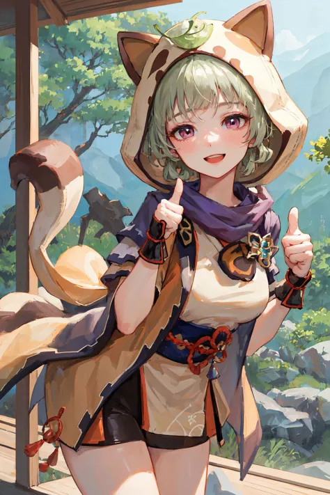 ((best quality, masterpiece, perfect face,)),1girl, <lora:sayuGenshinImpact_v10:1> <lora:sayu2-000009:1>, sayudef, sayurnd, <lora:squeezerExperimental_:0>, japanese forest, raylight, beautiful scenery, breathtaking, standing, thumbs up, happy face, dynamic angle, smile,