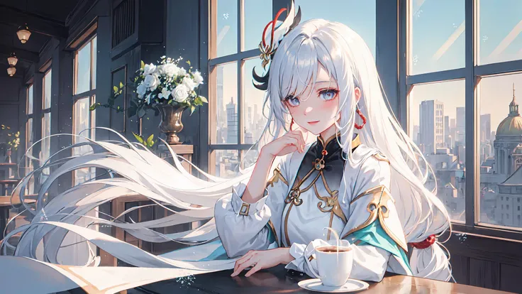 (masterpiece), (best quality), (wallpaper), (8k hd),1girl,((solo:1.2)),solo focus, tall female, white hair, very long hair, silvery eyes, large breasts, wide hips, sharp face, jewel-like eyes, shenhe (genshin impact), braid hair ornament, hair over one eye, (hair ornament),tassel earpiece, <lora:shenheLoraCollection_shenheMedium:0.6>serious, tired, wearing long white coat, white blazer, black legwear, stylish sneakers, accessories, smartwatch, flower hair ornament, cute smile, sitting, cafe, coffee shop ambience, coffee shop aesthetic, snow on window, dawn, window view, massive cityscape, beautiful view, dim-lit ambience, holding coffee, {correct posing}, {detailed clothing}, {detailed body}, {correct body anatomy}, {extremely beautiful and delicate anime face and eyes}, {minute details}, {intricate details}, {delicate},
