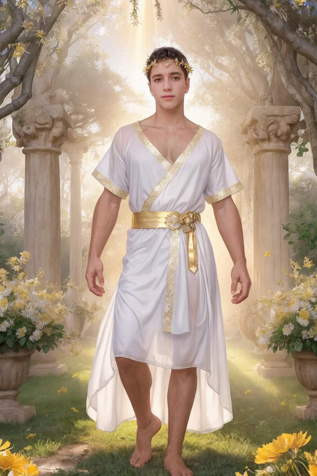 <lora:sc_jake_sd15_epoch_6:0.8> jkperson jktwinkperson wearing white tunic shirt, <lora:Clothing - Male Toga_v2:0.45>, wearing menstoga, wearing white and gold chiffon robes, gold belt, gold headpiece, posing in ancient Grecian grove, flowers, bushes, [lavender|poppies|chamomile], natural lighting, crepuscular rays, morning mist