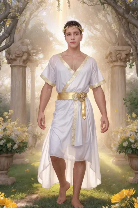 <lora:sc_jake_sd15_epoch_6:0.8> jkperson jktwinkperson wearing white tunic shirt, <lora:Clothing - Male Toga_v2:0.45>, wearing menstoga, wearing white and gold chiffon robes, gold belt, gold headpiece, posing in ancient Grecian grove, flowers, bushes, [lavender|poppies|chamomile], natural lighting, crepuscular rays, morning mist