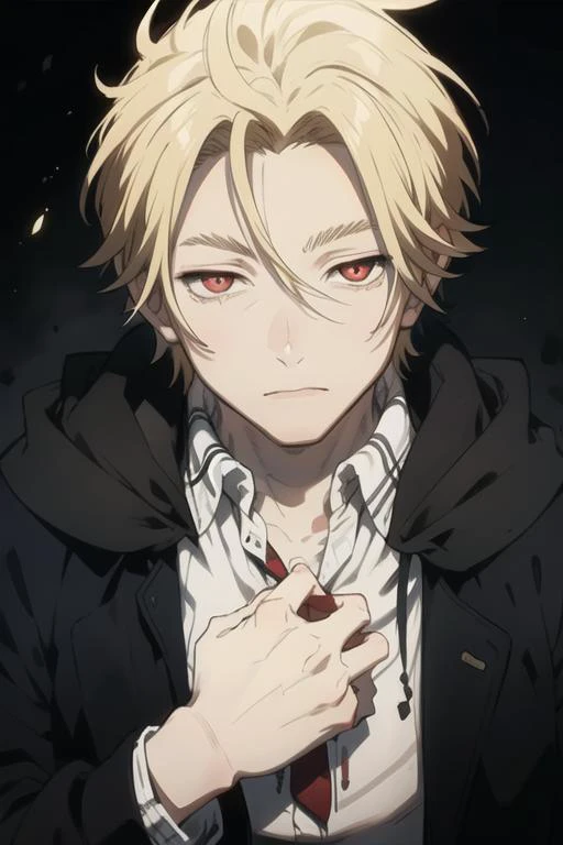 masterpiece, best quality, high quality, 1boy, solo, male focus, looking at viewer, upper body, <lora:king_of_despair:0.72>, king_of_despair, red eyes, blonde hair, hair between eyes, realistic,