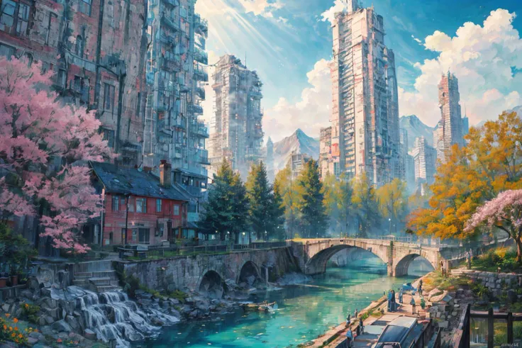 (RAW photo, 8k uhd, Analog style, Masterpiece, Best Quality, Highres:1.4), (dramatic, cinematic:1.2), BREAK,
movie shot of colorful hyperdetailed fantastic fantasy mysterious magic landscape, above clouds, (medieval elven fantasy (village:1.35), (steampunk:1.05) (peasant:1.15) (robots:1.1) (crowd:1.35), playing (little steampunk (girl:1.25):1.1), (farm:1.31), (lake, (river:1.14):1.15), (bridges:1.4), (waterfalls:1.35), (boat:1.4), (dock:1.1), (cliff:1.35), road, (green:1.05) valley, (flowers:1.2), (maple trees:0.65), (green:1.05) (fields:1.3), (fences:1.3), (snowy:1.17) (pines:1.1), (pink:1.0) (flowering tree:1.12):1.22), BREAK,
((mountains:1.22), (futuristic:1.15) (overgrown:1.27) (skyscrapers:1.53) (ruins:1.35), (market, water wheel, castle:1.14), (colorful houses:1.2), birds, stairs, spaceport, ((bright morning sun daylight:1.05) rainbow pure (blue:1.05) sky, glowing:1.05), starry, crescent, meteor, ((fluffy cloud:1.2), godrays, light particles:1.05), various seasons, steam, smokes:1.2), BREAK,
(photorealistic:1.2), (intricate:1.3), (light theme:1.3), (inspiring joyful atmosphere:1.2), (fabulous, fantasy, mysterious, science fiction, post-apocalypse, incredible, amazing, happy, sunny, pastoral:1.2), (hyperdetailed, absurdres:1.2), (colorful, saturated:1.4), colorful lighting, BREAK,
<lora:more_details:1>,