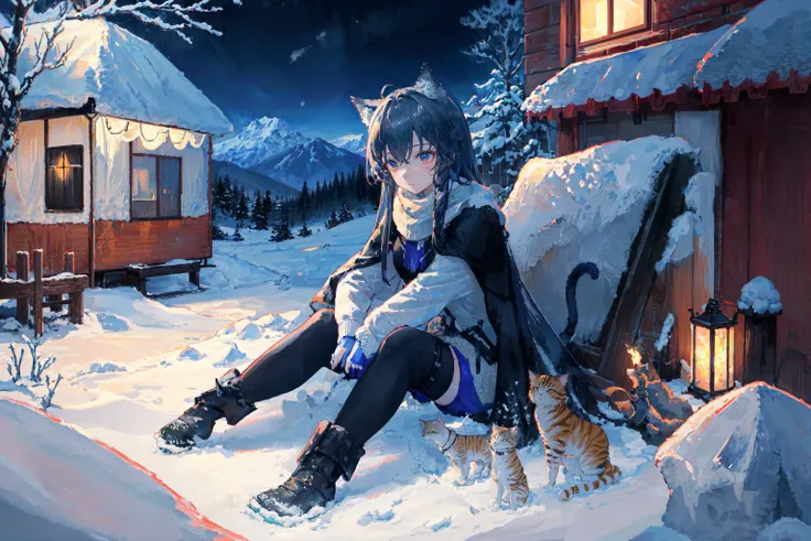 (best quality, masterpiece, highres), original, extremely detailed wallpaper, illustration, painting, colorful, mountain side, (on the mountain), snow, snow forest, white trees, night, nighttime, (1girl), solo, cat ears, camping, <lora:arknightsTexasThe_v10:1>