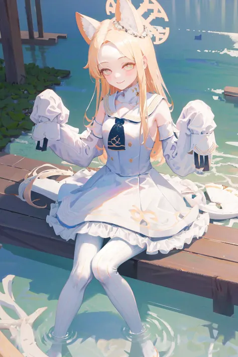 masterpiece, best quality, highres, 1girl seia halo, detached sleeves white frilled dress white sailor collar sleeves past wrists white pantyhose <lora:seia:1> sitting, wading, from below, smile