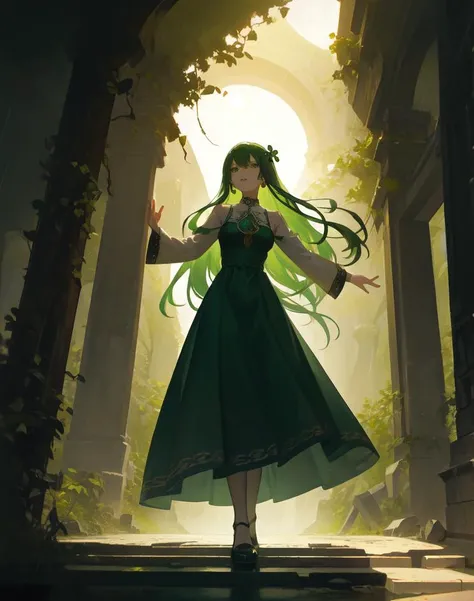 Capture the enchanting beauty of Celtic folklore with a photo of a mystical forest (forest:1.2), illuminated by ethereal moonlight (moonlight:1.4). Show intricate details of ancient Celtic symbols (symbols:1.2) carved into stone ruins (ruins:1.3), evoking a sense of mystery and magic. create a captivating image using a Nikon D850 camera, with a film stock of Kodak Portra 400, to bring out rich colors and lifelike textures. Emphasize the contrast between light and shadow (contrast:1.3), creating a dramatic and mesmerizing composition. Add a solitary irish dancer, wearing a green dress with yellow embroidery. She is standing on her tippy toes wearing hardshoes with her hands thrown up to the sky. She has long green curly hair. The branches of the trees behind her form celtic knots. It is raining four leaf clovers.