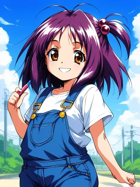 score_9, score_8_up, score_7_up, source_anime, rating_explicit, BREAK <lora:Kotobuki_Miyuki_XL:0.8> Kotobuki_Miyuki, purple hair, brown eyes, short hair, short stack,
1girl, solo, overalls, hair ornament, hair bobbles, plaid, one side up, shirt, smile,
outdoor, sky,