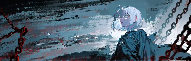 ((masterpiece, ultra-detailed)), rolua, pixiv, best shadows, best lighting, best quality, long black robe, cinematic atmosphere, ((dark, ominous, night)), very detailed background, chains, skulls, cross, church, 1girl, solo, black background, parted lips, crescent, simple background, looking at viewer, portrait, floating hair, bangs, upper body, white eyes, medium hair, grey hair, grey eyes, shirt, wind, short hair, lips <lora:roluaStyleLora_r:1>