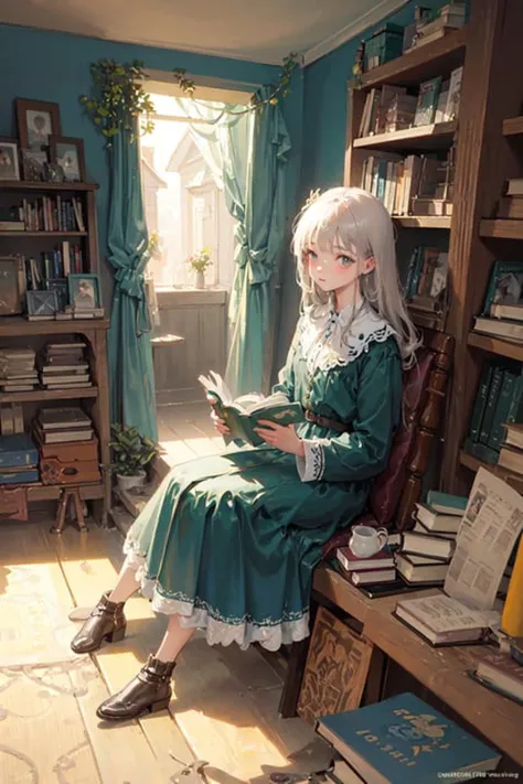 masterpiece,best quality,(Western,old school :1.2),fantasy,illustration,beautiful girl,1girl,solo,beautiful face, gray eyes, lock eyes with,(Small room,cluttered room,stairs:1.2),(book:1.4),full color,dynamic,sitting_on_stairs, (reading a book, looking at book:1.2),dutch angle