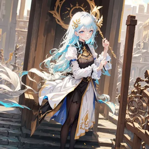 {{masterpiece}}, best quality,extremely detailed CG unity 8k wallpaper,cinematic lighting, Snapchat selfie,((One girl)), (solo),goddness,beautiful detail eyes,beautiful detail sky,demure,honourable,facial features, Smile,full body,medium breasts,Knight helmet,Medieval armor,armed with long spear,highers,long bloud hair,wavr hair,temple background,