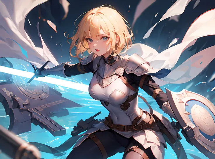 masterpiece,1girl,cowboyshot,[[[fullbody]]],knight armor, sword, shield, dynamic pose, short blonde hair,