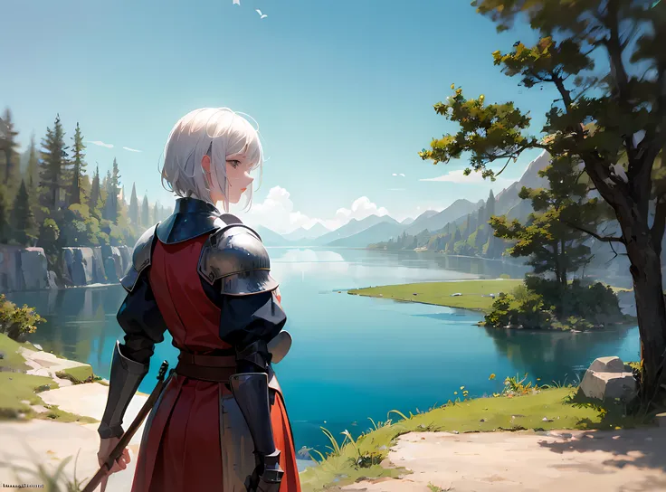 female knight looking out over a lake on top of a cliff, medieval armor, highly detailed,short white hair,