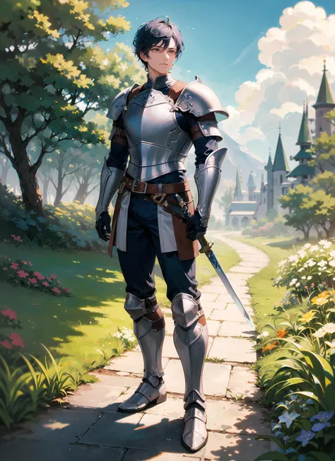 ((masterpiece, best quality)), (1male), ((muscular male)), ((wearing armour)), ((wearing the sword)), blue hair, white hair, boots, standing, outdoor, country lanes, adventurers, breastplate
