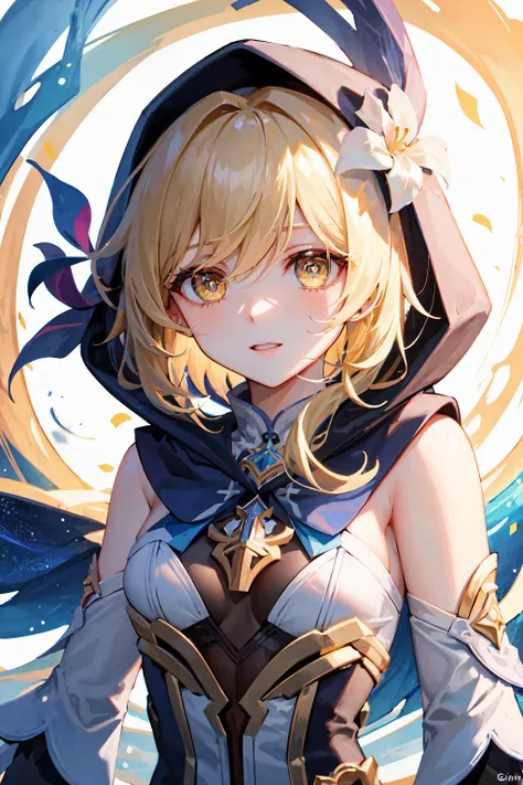 <lora:lumineGenshinImpact_lumineGenshinImpact:0.4>, umine \(genshin impact\), short hair, blonde hair, yellow eyes, 1girl, upper body, dark lighting, looking at viewer, (epic), (elegant), ((hyper detailed)), ((best quality)), bloom, (first_person_view), shine, glimmers, bright pupils, lighting, hood down, (masterpiece, sidelighting, finely detailed beautiful eyes: 1.2)