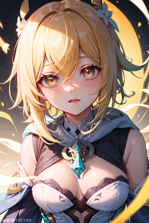 <lora:lumineGenshinImpact_lumineGenshinImpact:0.4>, umine \(genshin impact\), short hair, blonde hair, yellow eyes, 1girl, upper body, dark lighting, looking at viewer, (epic), (elegant), ((hyper detailed)), ((best quality)), bloom, (first_person_view), shine, glimmers, bright pupils, lighting, hood down, (masterpiece, sidelighting, finely detailed beautiful eyes: 1.2)
