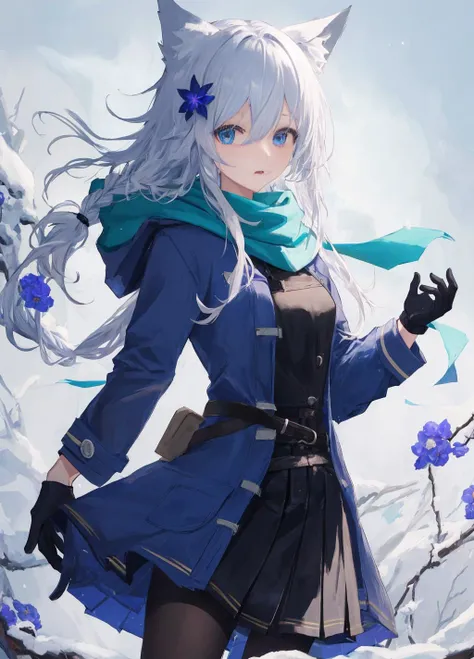 1girl, fox ears , hair between eyes, {hair blue flower} , {{silver long hair}} , disheveled hair , one side braid, blue eyes ,blue scarf ,winter coat , black gloves , pleated skirt , pantyhose ,medium breasts ,{mature female} , masterpiece, highly detailed, expressionless, solo ,Amazing,hoodie,collared shirt