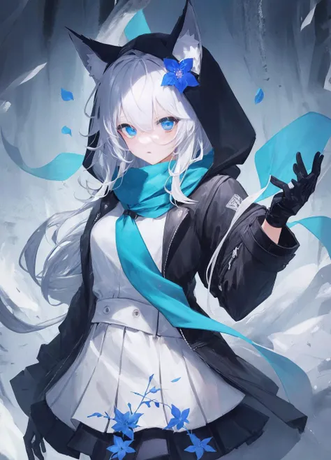 1girl, fox ears , hair between eyes, {hair blue flower} , {{silver long hair}} , disheveled hair , one side braid, blue eyes ,blue scarf ,winter coat , black gloves , pleated skirt , pantyhose ,medium breasts ,{mature female} , masterpiece, highly detailed, expressionless, solo ,Amazing,hoodie,collared shirt